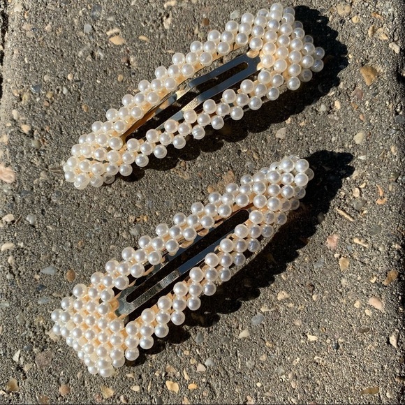 Ivory Pearl embellished clip on barrettes, pair glam prom wedding dressy dance - Picture 2 of 10